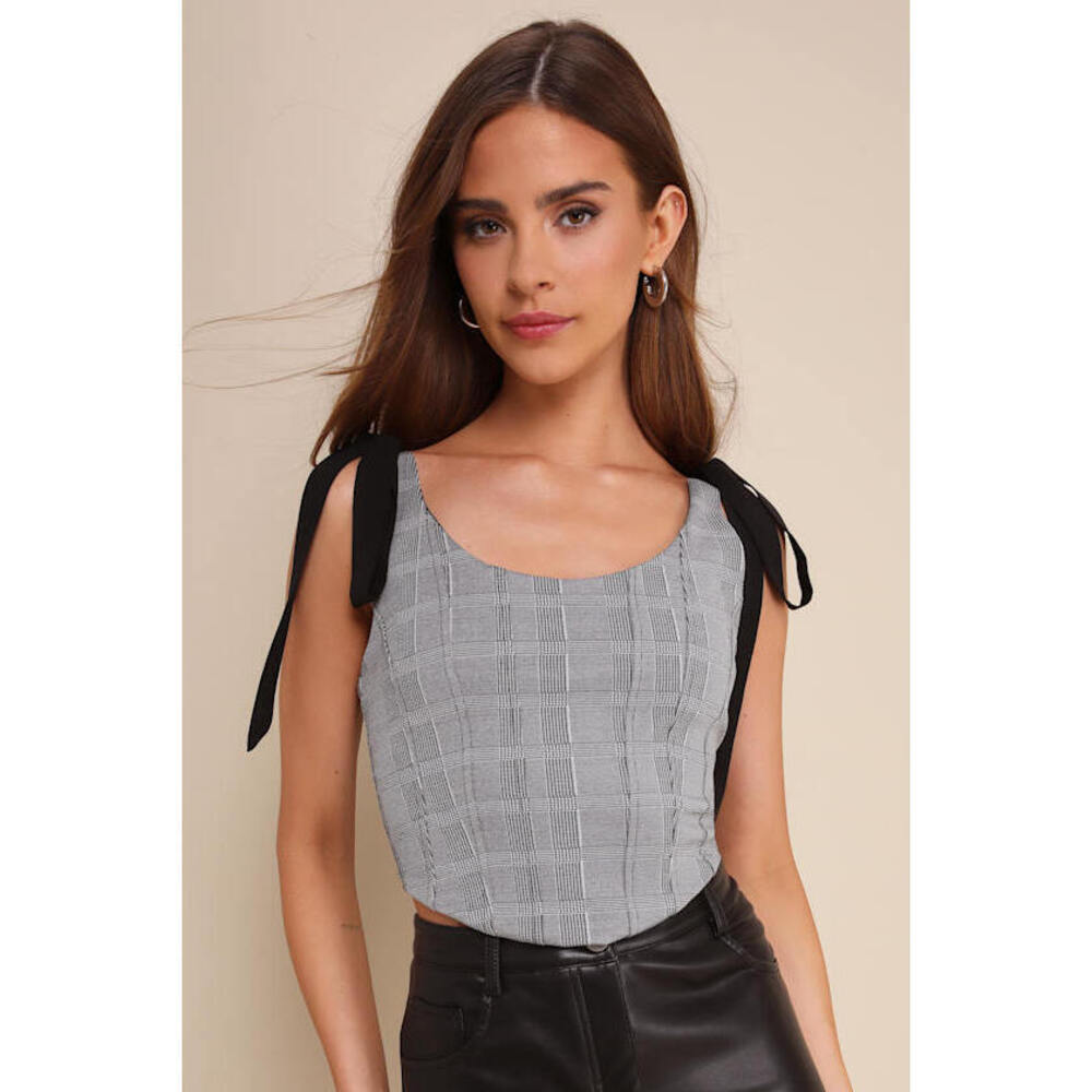 Lulus Chic Temptation Black And Ivory Plaid Tie-strap Crop Top - Size S